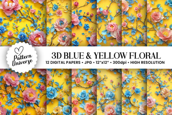 3D Blue and Yellow Floral Patterns
