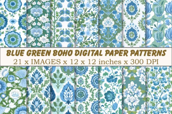 Boho Digital Paper Patterns Blue Green: A Versatile Design Resource
