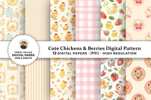 Cute Chickens Berries Digital Patterns for Creative Projects