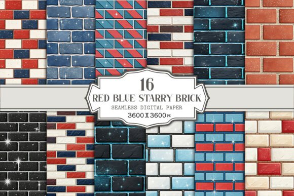 Red Blue Starry Brick Seamless Patterns