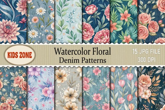 Watercolor Floral Denim Patterns